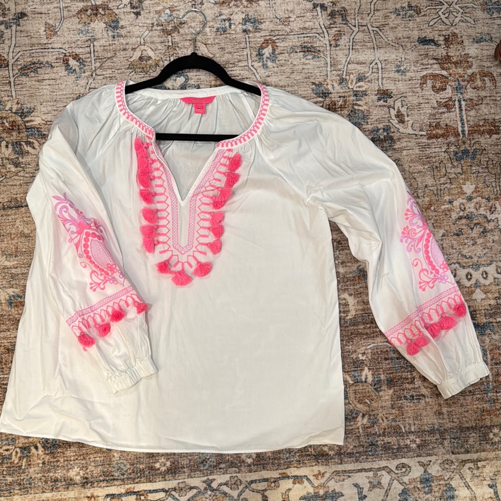 Lilly Pulitzer: Women's White and Pink Embroidered Top- Medium